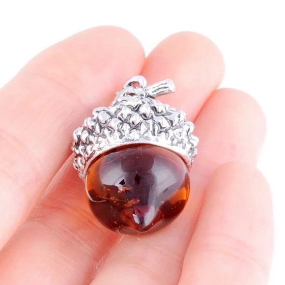 (1) Amber Glass Acorn Necklace Pendant Antique Silver with 32" Long Bead Chain - Picture 2 of 2